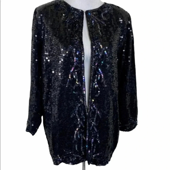 Vintage Style Design M Elegant black/multi full sequin silk jacket - Picture 1 of 11